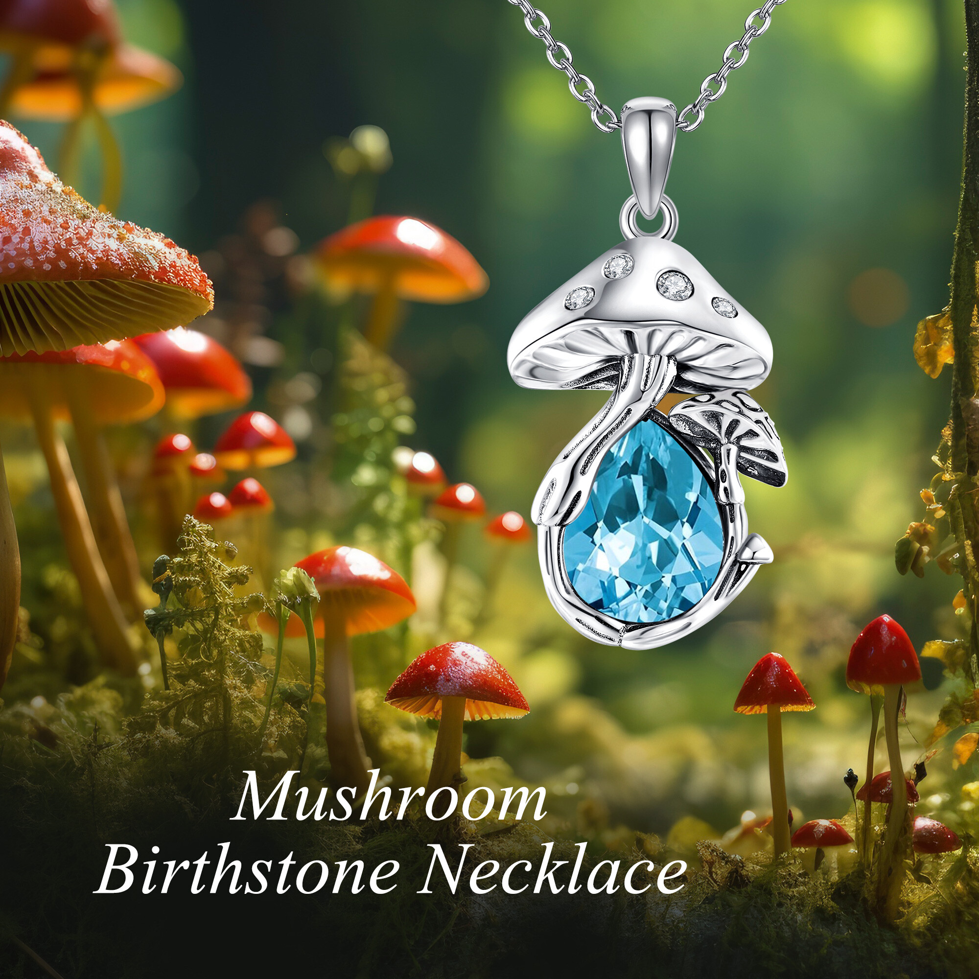 925 Sterling Silver March Birthstone Mushroom Necklace